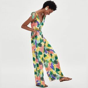 Zara Tropical Print Knotted Wide Leg Jumpsuit in Multi | Small